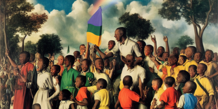 323857074 A dream of hitler standing around happy Afrika black children with rainbows colored flags an Cornelis Gerhard Anton de Kom