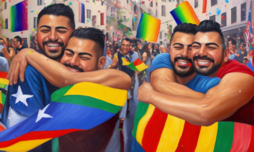 3160078764 high detail oil painting of good looking happy Latino gay men hugging in a street party with flags