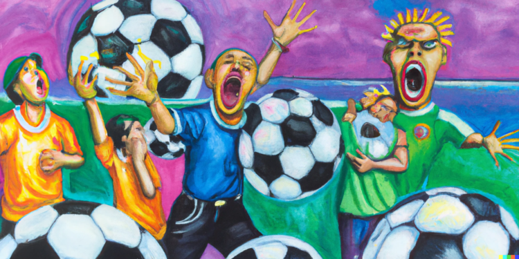 DALL·E 2023 02 15 10.35.14 A dream of gay colored man being cased by angry soccer balls on aa soccer field high detail oilpainting