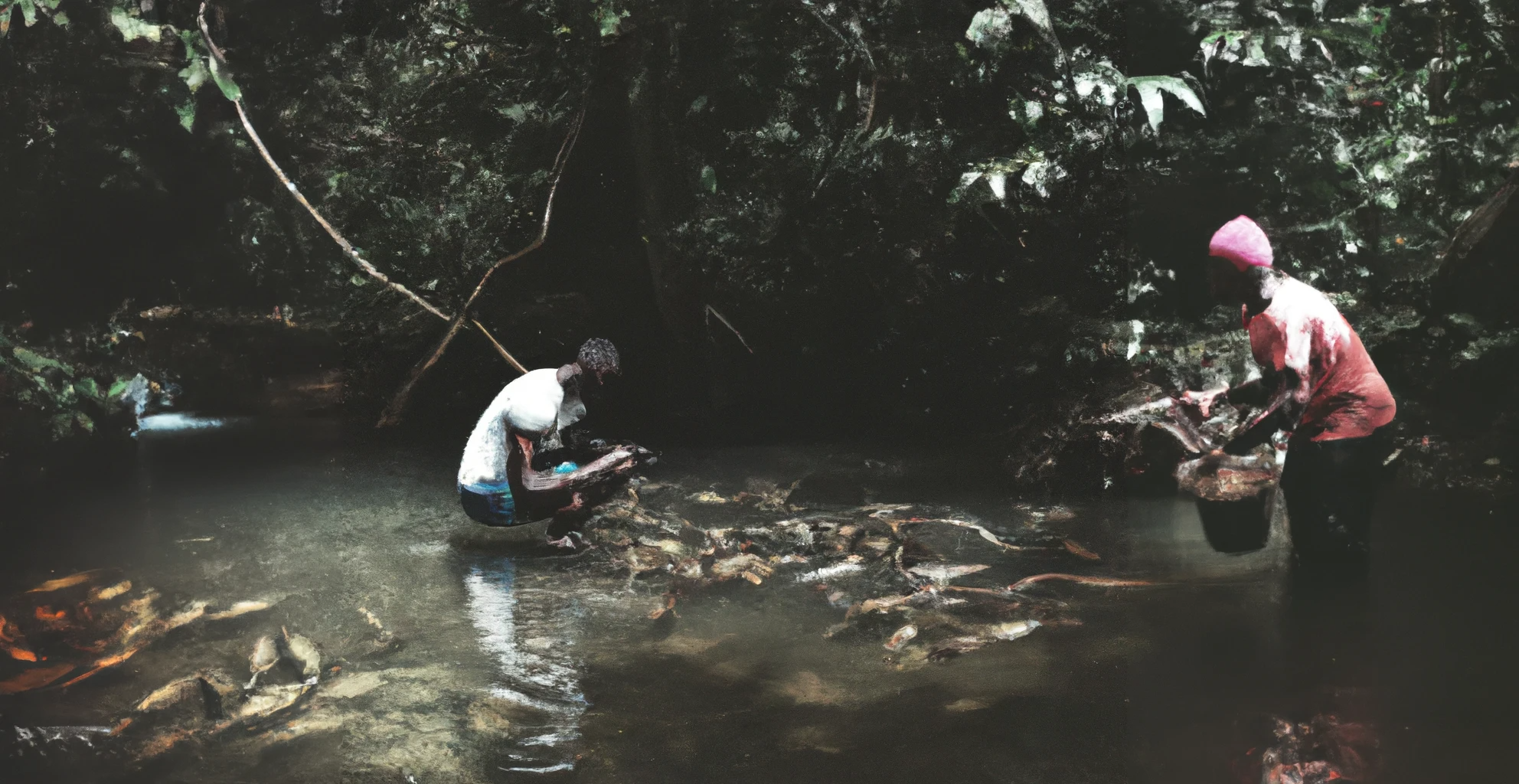 DALL·E 2023 05 15 21.59.05 dark photo of a black man panning for gold in a tropical jungle stream with lots of death fish floting in it