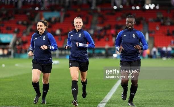 ADELAIDE, AUSTRALIA - AUGUST 08: Match officials Brooke Mayo,  Tori Penso and Mijensa Rensch warm up prior to during the FIFA Women's World Cup Australia & New Zealand 2023 Round of 16 match between France and Morocco at Hindmarsh Stadium on August 08, 2023 in Adelaide / Tarntanya, Australia. (Photo by Maddie Meyer - FIFA/FIFA via Getty Images)
