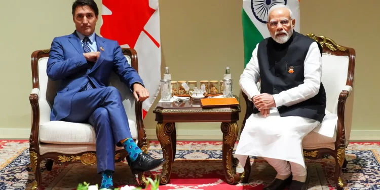 Premier Justin Trudeau van Canada tijdens een koele ontmoeting met premier Narendra Modi van India tijdens de Group of 20-top in New Delhi deze maand. Credit...Sean Kilpatrick/The Canadian Press, via Associated Press