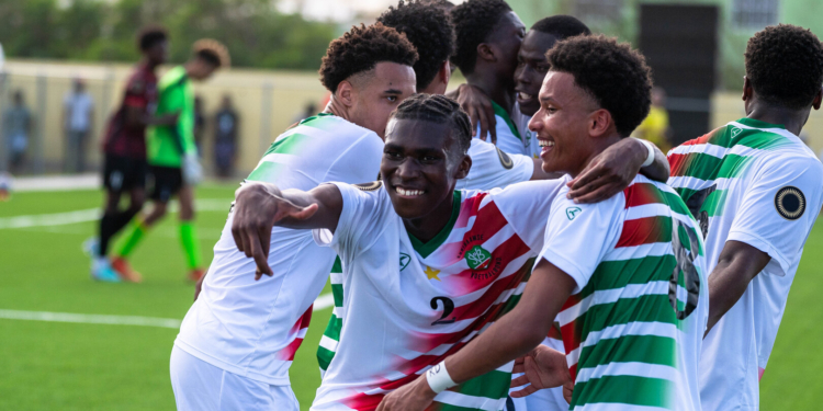 PIGGOTTS, ANTIGUA & BARBUDA,  FEBRUARY 25th: Surinam players celebrate goal during date 2 of Group B match between Surinam and Antigua and Barbuda in the Concacaf Under-20 Championship held at ABFA Technical Center in Piggotts, Antigua & Barbuda.
 (PHOTO BY JEREMIE LEE/ CONCACAF/ STRAFFON IMAGES/MANDATORY CREDIT/EDITORIAL USE/NOT FOR SALE/NOT ARCHIVE)