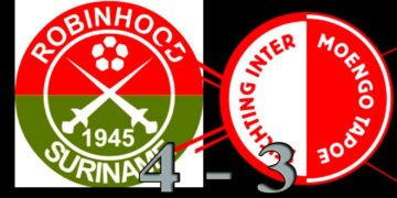 Robinhood vs IMT Robinhood blijft nog hopen op het kampioenschap in de Eerste Divisie van de Surinaamse Voetbal Bond. De roodgroene formatie won zaterdagavond in het Essedstadion de topper tegen Inter Moengo Tapoe (IMT) met 4-3.