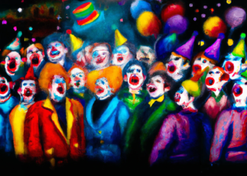 DALL·E 2023 05 17 09.43.30 Dramatic dark Oilpainting group of 9 gay clowns at a party 1 Het is beangstigend om te zien hoe er op de meest grove wijze anarchie wordt omarmd door het landsbestuur en de rechtsstaat meedogenloos wordt vertrapt. Dit staat in schril contrast met de werkelijkheid in de rechtszaal. Daar wordt de ‘gewone burger’ die vervolgd wordt stelselmatig het verwijt gemaakt de rechtsorde met de gepleegde strafbare handelingen te hebben geschokt. Hetgeen dan ook de reden is waarom die verdachten extra lang in voorlopige hechtenis worden gehouden. Het lijkt dus alsof alleen de gewone burger de rechtsorde schokt.