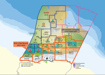 SHO 2 BR Map Staatsolie Maatschappij Suriname N.V. start vandaag een aanbestedingsronde voor elf blokken in het ondiep zeegebied, het zogenoemde shallow offshore. Dit gebied ligt ten zuiden van de diepwater olie- en gasvondsten en ten noorden van de Staatsolie productievelden in het district Saramacca en heeft waterdieptes tot 150 meter.