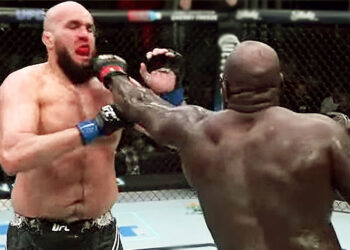bigiboy vs gaziev 1 Jairzinho ‘Bigi Boy’ Rozenstruik heeft zaterdag tijdens het UFC 87 evenement in Las Vegas middels een TKO gewonnen van de Rus Shamil Gaziev, die na de vierde ronde moest opgeven, omdat hij keihard door de Surinamer werd geraakt aan zijn rechteroog. Hij kon niet meer goed zien, waardoor de referee besloot om de partij te beëindigen.
