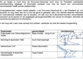 brief 8dec Nabestaanden van de slachtoffers van de Surinaamse Decembermoorden (1982) roepen op tot actie om Desi Bouterse en drie mede-veroordeelden op te sporen en vast te zetten, zodat zij hun straf kunnen uitzitten. De nabestaanden dringen aan op duidelijkheid over de inspanningen van het Openbaar Ministerie (OM) en president Chan Santokhi.