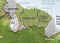 Kaart met alle betwiste gebieden in de Guyana's.