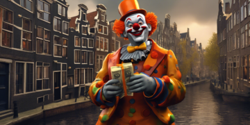 A cartoon-style clown with bright orange facial makeup, with no white makeup at all, wearing a playful yet eerie costume. The clown is standing in a gloomy, overcast setting in historical Amsterdam, with iconic old buildings and narrow streets in the background. The clown is smiling mischievously and holding a large, bright orange bag of money with a bold euro symbol (€) on it. Euro banknotes, clearly recognizable with European designs and colors, are spilling out of the bag. The scene is dark and moody, contrasting with the vibrant orange makeup and the orange money bag