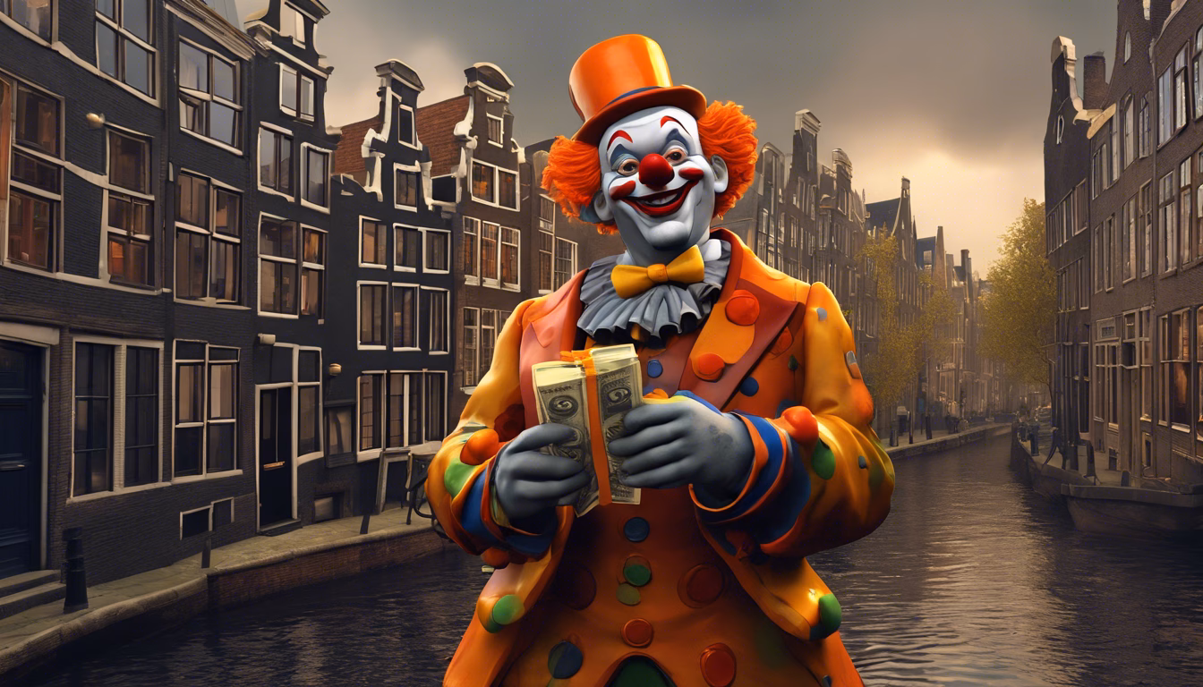 A cartoon-style clown with bright orange facial makeup, with no white makeup at all, wearing a playful yet eerie costume. The clown is standing in a gloomy, overcast setting in historical Amsterdam, with iconic old buildings and narrow streets in the background. The clown is smiling mischievously and holding a large, bright orange bag of money with a bold euro symbol (€) on it. Euro banknotes, clearly recognizable with European designs and colors, are spilling out of the bag. The scene is dark and moody, contrasting with the vibrant orange makeup and the orange money bag