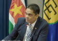 Minister van Volksgezondheid Suriname, Amar Ranadhin tijdens een regeringsraad persconferentie