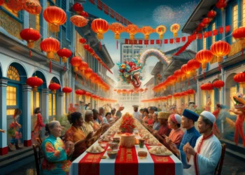A-vibrant-street-in-Paramaribo-during-Chinese-New-Year-decorated-with-red-lanterns-streamers-and-traditional-Chinese-decorations.-In-the-foreground