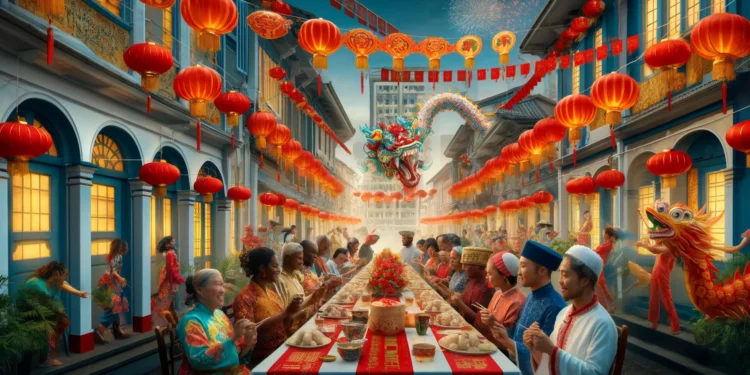 CHINEES NIEUWJAAR 2025: SURINAME VIERT HET JAAR VAN DE SLANG 1 A-vibrant-street-in-Paramaribo-during-Chinese-New-Year-decorated-with-red-lanterns-streamers-and-traditional-Chinese-decorations.-In-the-foreground