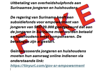 Fake registratie bericht e1741692316100 De regering van Suriname waarschuwt de samenleving voor de verspreiding van misleidende berichten en roept op tot waakzaamheid. Een recent circulerend bericht blijkt onjuist en is niet afkomstig van officiële overheidskanalen...