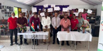 Foto Witsanti groepsfoto 1536x1152 1 De Stichting Productieve Werk Eenheden (SPWE) heeft op vrijdag 22 augustus 2025 in het dorp Witsanti, Para, een gemeenschapsactiviteit georganiseerd ter gelegenheid van haar 50-jarig bestaan.