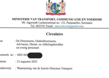 WhatsApp Image 2025 08 21 at 5.31.21 PM e1755813367715 Directeur Estrea Noordzee van het directoraat Transport is per 21 augustus 2025 door minister Raymond Landveld van Transport, Communicatie en Toerisme (TCT) ontheven uit haar functie. Ter waarborging van de continuïteit van het werk en de beleidsuitvoering is Verno Prijor aangesteld als waarnemend directeur...