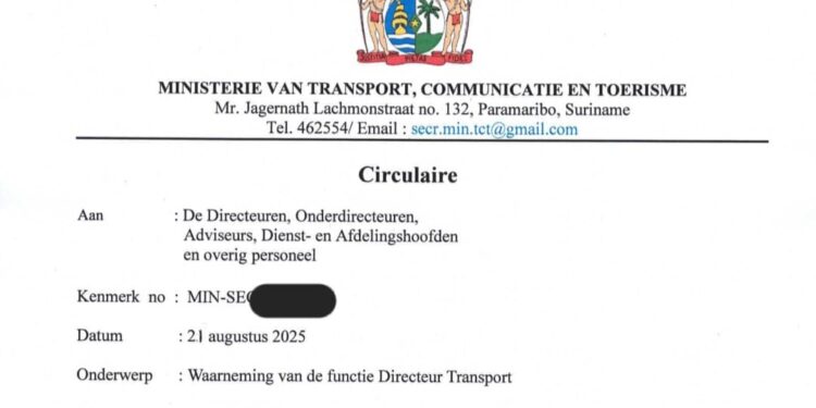 WhatsApp Image 2025 08 21 at 5.31.21 PM e1755813367715 Directeur Estrea Noordzee van het directoraat Transport is per 21 augustus 2025 door minister Raymond Landveld van Transport, Communicatie en Toerisme (TCT) ontheven uit haar functie. Ter waarborging van de continuïteit van het werk en de beleidsuitvoering is Verno Prijor aangesteld als waarnemend directeur...
