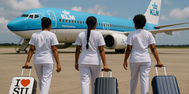 KLM vliegtuig op Suriname luchthaven met reizigers met bagage, KEY NEWS SURINAME.