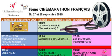 Screenshot 2025 09 23 175802 Filmliefhebbers in Suriname kunnen zich opmaken voor de zesde editie van de Cinémarathon Français, die plaatsvindt op 26, 27 en 28 september 2025. Het driedaagse evenement wordt georganiseerd door de Alliance Française Suriname, in samenwerking met de Franse Ambassade en Bistro LeQuatorze...