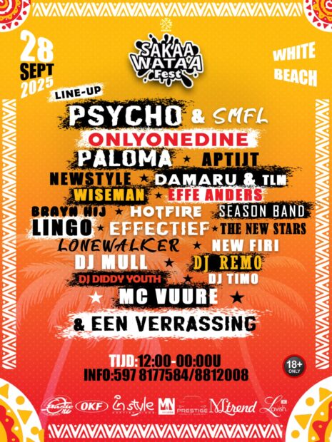 WhatsApp Image 2025 09 17 at 9.49.09 AM Het zonovergoten White Beach staat op zondag 28 september opnieuw in het teken van muziek, energie en Surinaamse trots. Voor de derde keer wordt het Sakaa Wataa Fest georganiseerd, een festival dat zich in korte tijd heeft gevestigd als een van de meest spraakmakende evenementen van het land. 