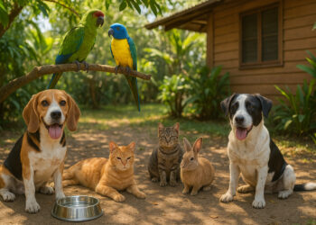 Zeven huisdieren—twee honden, twee katten, konijn en twee papegaaien—in een schaduwrijke tropische tuin bij een houten huis.