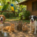 Zeven huisdieren—twee honden, twee katten, konijn en twee papegaaien—in een schaduwrijke tropische tuin bij een houten huis.