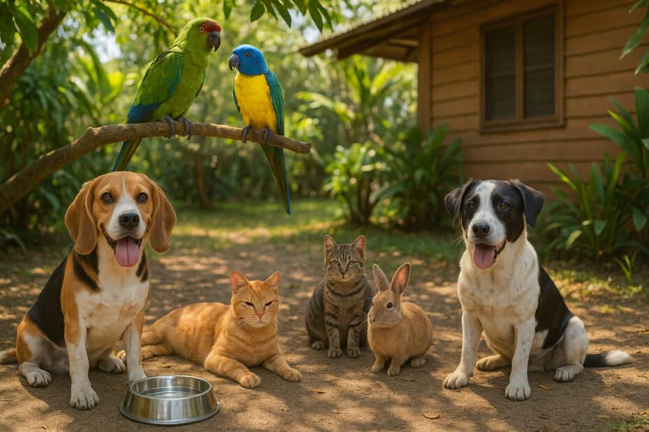 Zeven huisdieren—twee honden, twee katten, konijn en twee papegaaien—in een schaduwrijke tropische tuin bij een houten huis.