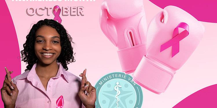 Breast Cancer Boxing Gloves Banner Het ministerie van Volksgezondheid, Welzijn en Arbeid sluit zich deze maand aan bij de wereldwijde Borstkankerbewustwordingsmaand. Doel is om kennis over borstkanker te vergroten, vroege opsporing te stimuleren en steun te betuigen aan iedereen die direct of indirect met de ziekte te maken heeft.