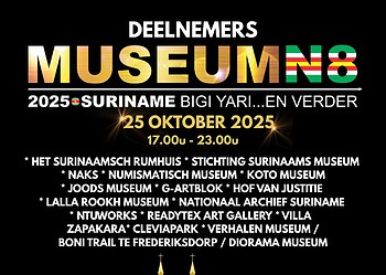 Deelnemers MUSEUMN8 2025 Op zaterdag 25 oktober viert Suriname tijdens MuseumN8 een onvergetelijke avond vol kunst, cultuur en creativiteit. Onder het thema “Suriname Bigi Yari … en verder” staat de 50 jaar Onafhankelijkheid centraal. Readytex Art Gallery presenteert een interactief programma van 18.00 tot 22.00 uur.