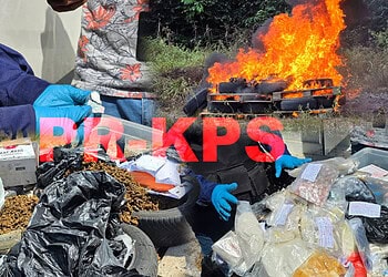 Screenshot 2025 10 18 212901 Onder leiding van een officier van justitie heeft de afdeling Narcotica Brigade van de politie zaterdag 18 oktober 2025 verschillende soorten verdovende middelen verbrand op het terrein te Kraka in het district Para.