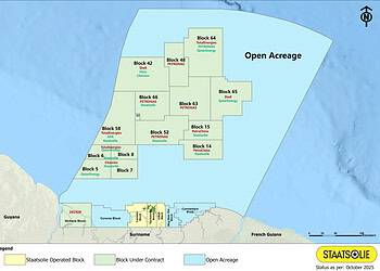 Suriname Offshore Acreage Blocks Map 081025 Chevron Suriname Exploration start deze maand met de exploratieboring Korikori-1 in het ondiepe offshoregebied van Suriname. Het boorplatform Noble Regina Allen wordt in de eerste helft van oktober verwacht. De werkzaamheden duren circa negentig dagen en moeten de aanwezigheid van olie en gas bevestigen...