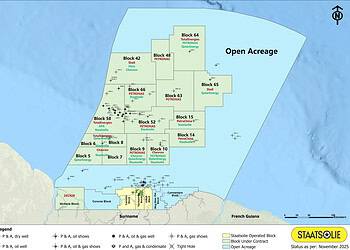 Suriname Offshore Acreage Blocks Wells Map 041125 Staatsolie Maatschappij Suriname N.V. bevestigt dat de gasontdekking Sloanea-1 in Blok 52 nu de status van commercieel veld heeft. De stap markeert een nieuwe fase in de ontwikkeling van Surinames offshore energievoorraad en volgt uit gezamenlijke evaluaties door Staatsolie en PETRONAS Suriname Exploration & Production B.V. (PETRONAS Suriname).