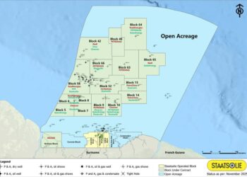 Suriname Offshore Acreage Blocks Wells Map 041125 scaled Staatsolie Maatschappij Suriname N.V. bevestigt dat de gasontdekking Sloanea-1 in Blok 52 nu de status van commercieel veld heeft. De stap markeert een nieuwe fase in de ontwikkeling van Surinames offshore energievoorraad en volgt uit gezamenlijke evaluaties door Staatsolie en PETRONAS Suriname Exploration & Production B.V. (PETRONAS Suriname).