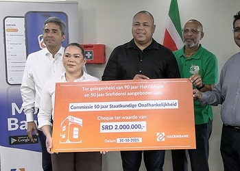 WhatsApp Image 2025 10 31 at 13.27.26 De Hakrinbank NV heeft een bijdrage van SRD 2 miljoen overhandigd aan de Commissie 50 jaar Staatkundige Onafhankelijkheid. Met de donatie ondersteunt de bank de nationale viering van 50 jaar Srefidensi en benadrukt zij haar verbondenheid met Suriname.