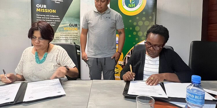 WhatsApp Image 2025 11 14 at 14.52.39 1536x1152 1 Het ministerie van Natuurlijke Hulpbronnen (NH), via het directoraat Water, en de Stichting Amazon Conservation Team Guianas (ACT-G) hebben een Memorandum of Understanding (MoU) gesloten om nauwer samen te werken op het gebied van duurzaam waterbeheer en milieubescherming. De intentieverklaring is op vrijdag 14 november ondertekend door directeur Water, Gonda Asadang, en ACT-G-directeur Minu Parahoe.