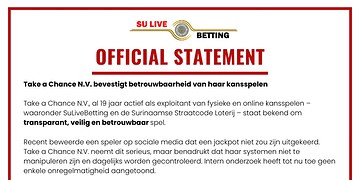 594110429 1416032267190297 2654497153431277675 n Take a Chance N.V. reageert op beschuldigingen van jackpotmanipulatie bij de Surinaamse Straatcode Loterij en benadrukt de betrouwbaarheid van haar systemen, terwijl politieonderzoek de waarheid moet uitwijzen - Lees meer en laat een reactie achter...