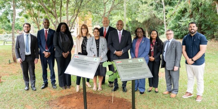 BIS 03 Herdenking 50jr Suriname Brazilie Minister Melvin Bouva van Buitenlandse Zaken, Internationale Handel en Samenwerking (BIS) heeft in Brazilië een witte groenhartboom geplant ter gelegenheid van 50 jaar diplomatieke betrekkingen tussen Suriname en het zuiderbuurland. De ceremonie vond plaats op maandag 2 februari 2026 in een speciaal aangelegde botanische tuin die bedoeld is voor gedenkwaardige momenten.