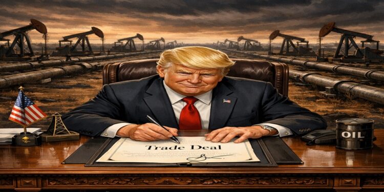 trump oliedeal 1 Op 2 februari voltrok zich achter ogenschijnlijk technische handelscijfers een geopolitieke verschuiving die veel verder reikt dan invoertarieven en oliestromen. Wat begon als een tarievenconflict tussen Washington en New Delhi, groeide uit tot een diplomatiek schaakspel waarin energie, sancties, oorlog en soevereiniteit met elkaar verstrengeld raakten.