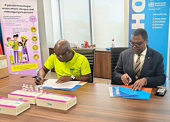 Donation 01 17032026 PAHO/WHO Suriname heeft dinsdag 17 maart 2026 officieel 334 ampullen Benzathine benzylpenicilline overgedragen aan de Medical Mission Primary Health Care Suriname (MM) en de Regionale Gezondheidsdienst (RGD). De ondersteuning is bedoeld om de aanpak van moeder-op-kindoverdracht van syfilis in Suriname te versterken.