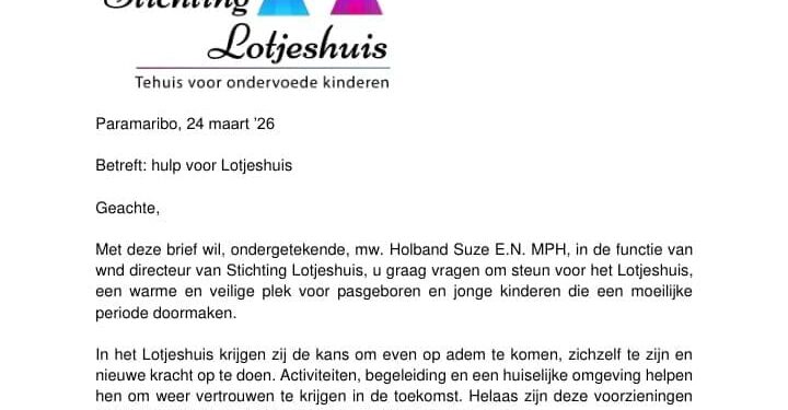 WhatsApp Image 2026 03 24 at 8.18.13 PM e1774457553948 Stichting Lotjeshuis heeft een dringend beroep gedaan op de samenleving voor financiële ondersteuning, nu de subsidie vanuit de overheid nog niet is ontvangen. Volgens waarnemend directeur Holband Suze E.N. is de zorg voor pasgeboren en jonge kinderen onverminderd voortgezet, terwijl de financiële druk op de organisatie toeneemt.