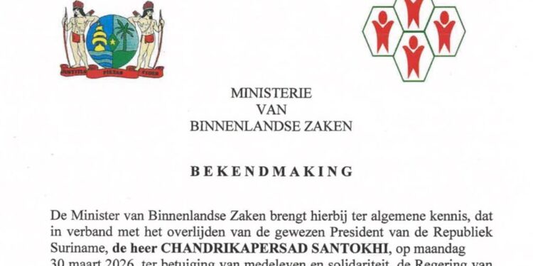 657535564 1267497262234726 2080661390278968985 n e1775070809862 De Surinaamse regering heeft 6 en 7 april uitgeroepen tot dagen van nationale rouw na het overlijden van voormalig president Santokhi. Vlaggen hangen halfstok ....