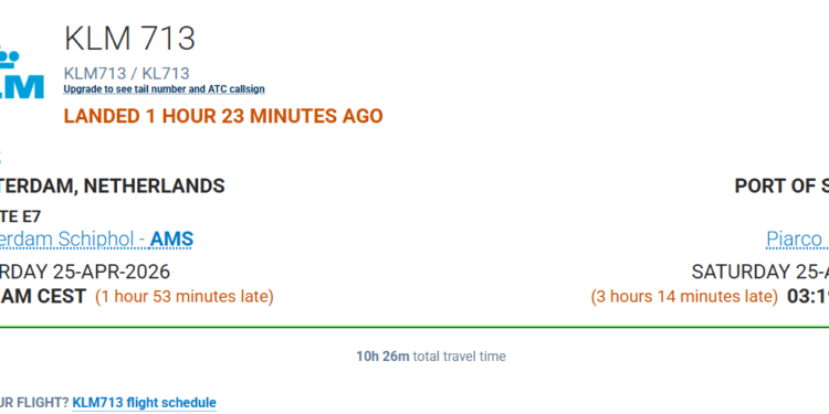 Screenshot 2026 04 25 174310 Een KLM-vlucht naar Amsterdam week uit naar Trinidad door sluiting luchtruim Zanderij, waardoor passagiers langdurig vastzaten zonder voorzieningen. Structureel tekort luchtverkeersleiders speelt rol ....
