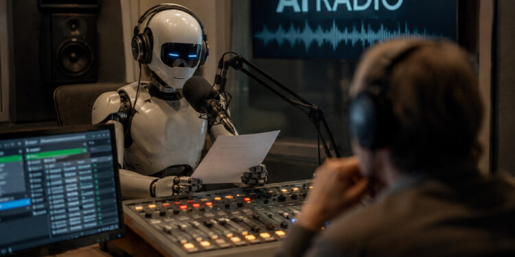 ChatGPT Image May 9 2026 05 15 22 PM Radio verliest zijn menselijke warmte door perfecte AI-stemmen, terwijl imperfectie juist de echtheid en emotie van live-uitzendingen versterkt ....
