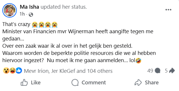 Screenshot 2026 06 09 150021 e1781032140526 Maisha Neus meldt dat minister Wijnerman opnieuw aangifte tegen haar heeft gedaan, terwijl de zaak al eerder speelde. Lees meer over deze langdurige juridische strijd en de laatste ontwikkelingen.